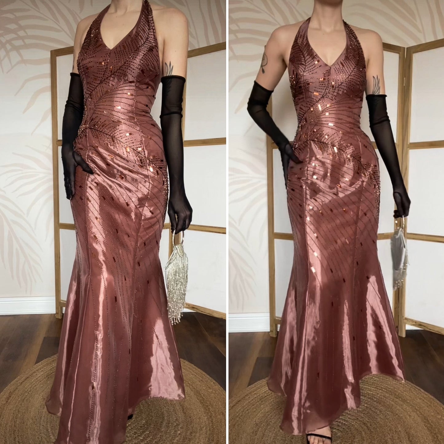 Yve London rose gold beaded halter evening dress UK 12
