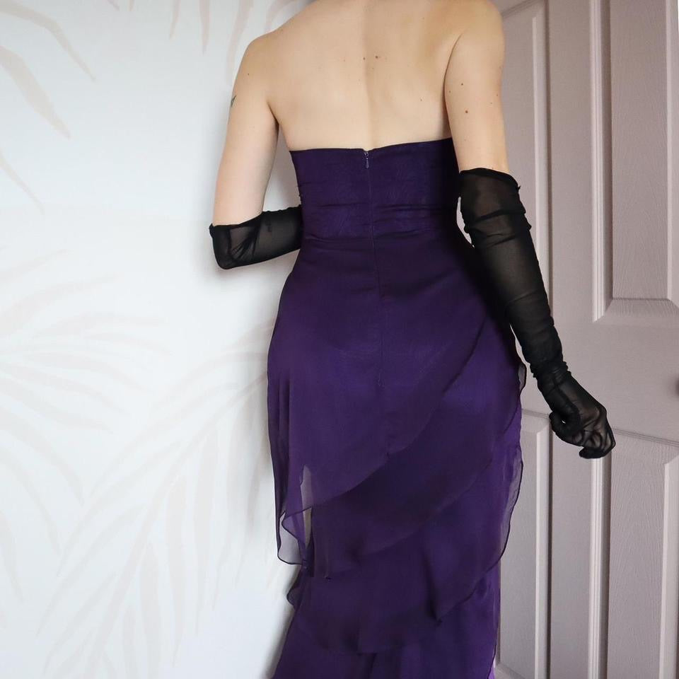 Vintage Niki Livas purple strapless layered gown UK 12