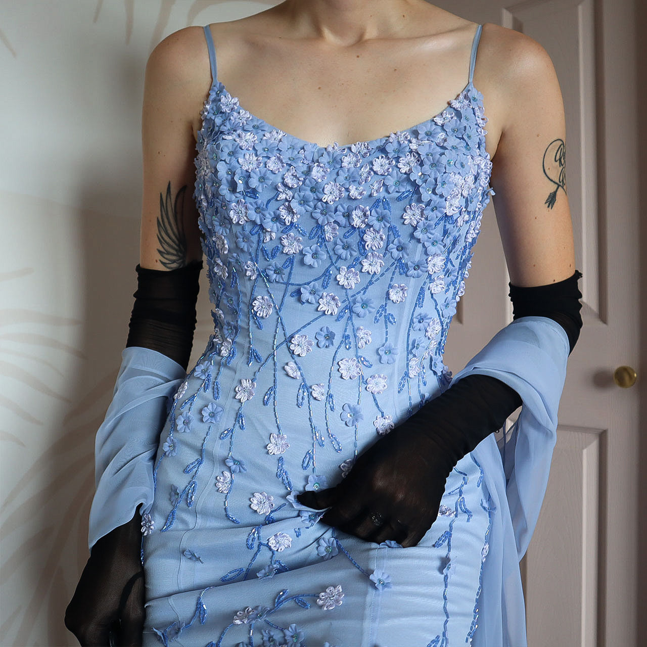 100% silk blue floral beaded evening gown & shawl UK 10