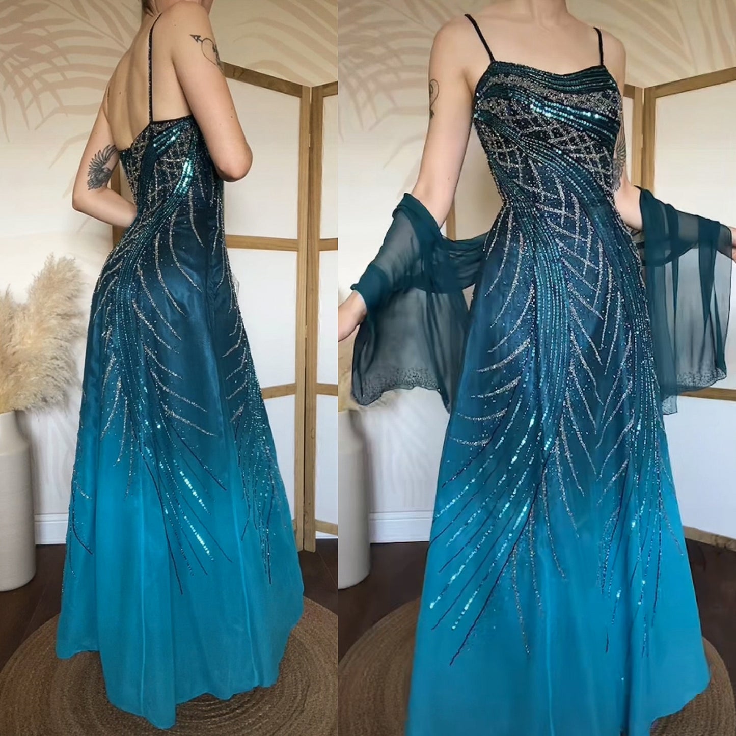Teal Goya bead & sequin a-line prom dress uk 12