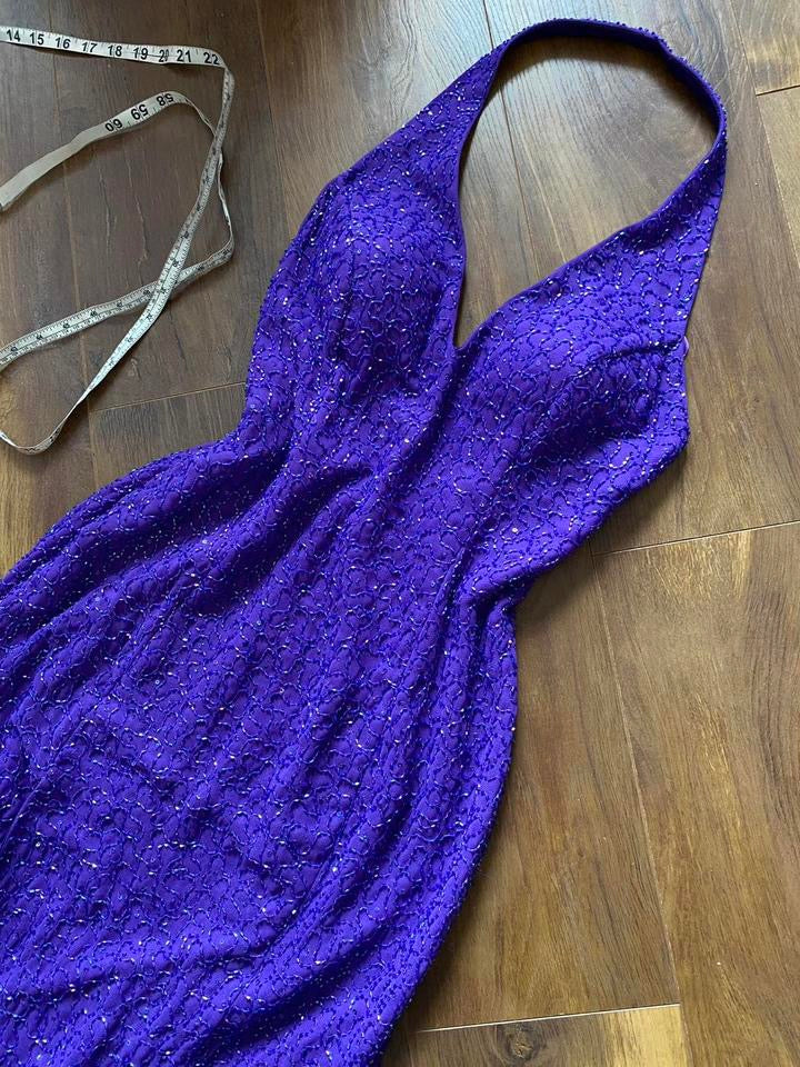 Purple beaded halter-neck evening dress uk 12