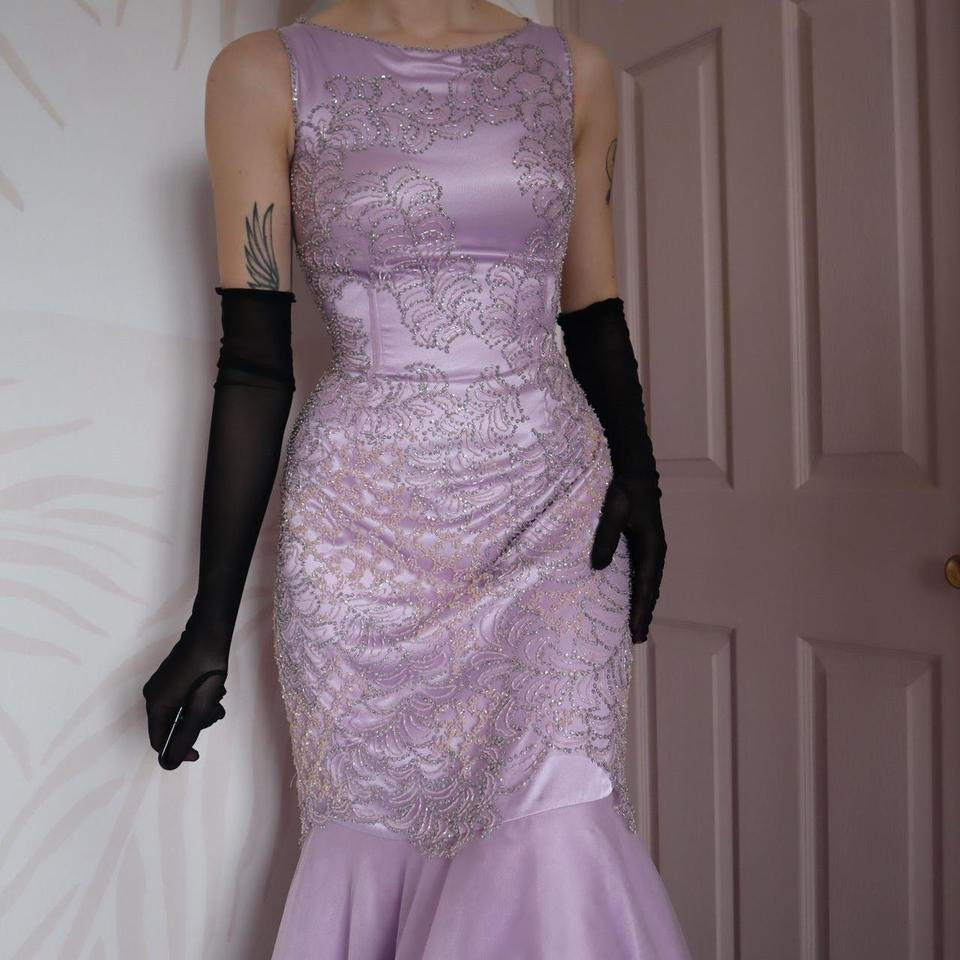 Lilac beaded Goya fishtail prom dress UK 10
