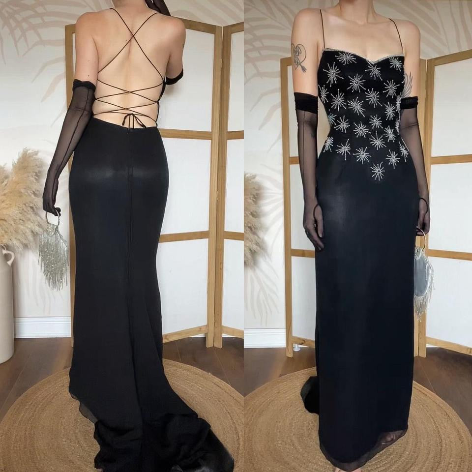 Black 100% silk beaded evening dress uk 10