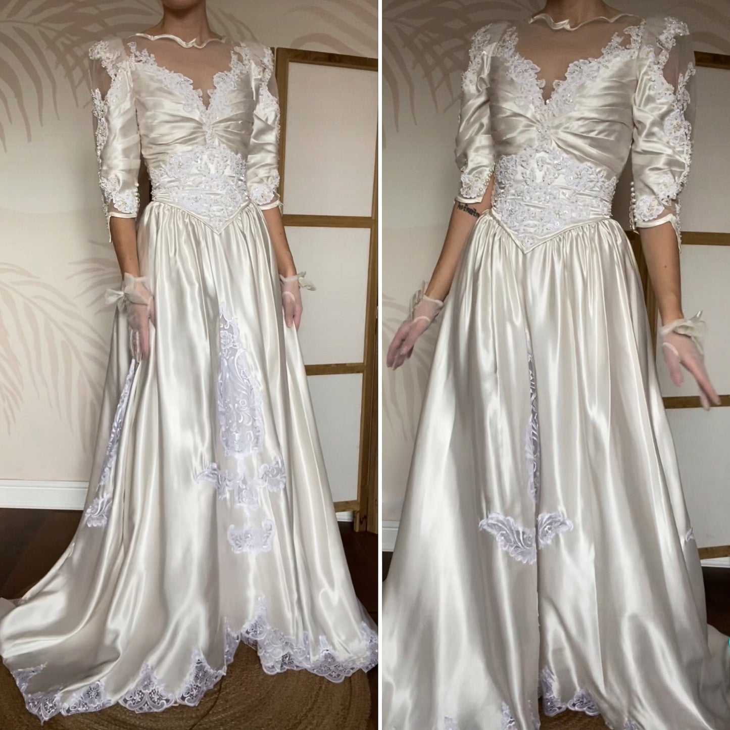 Ivory satin 80s lace & pearl wedding dress UK 12