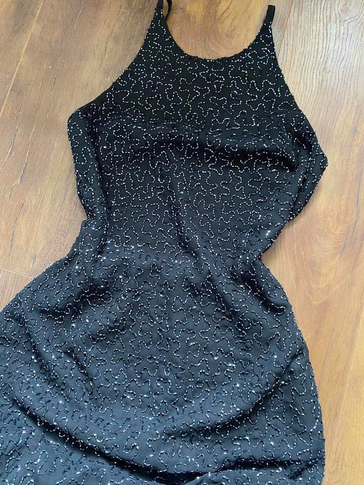 Marina black beaded open back evening dress uk 8