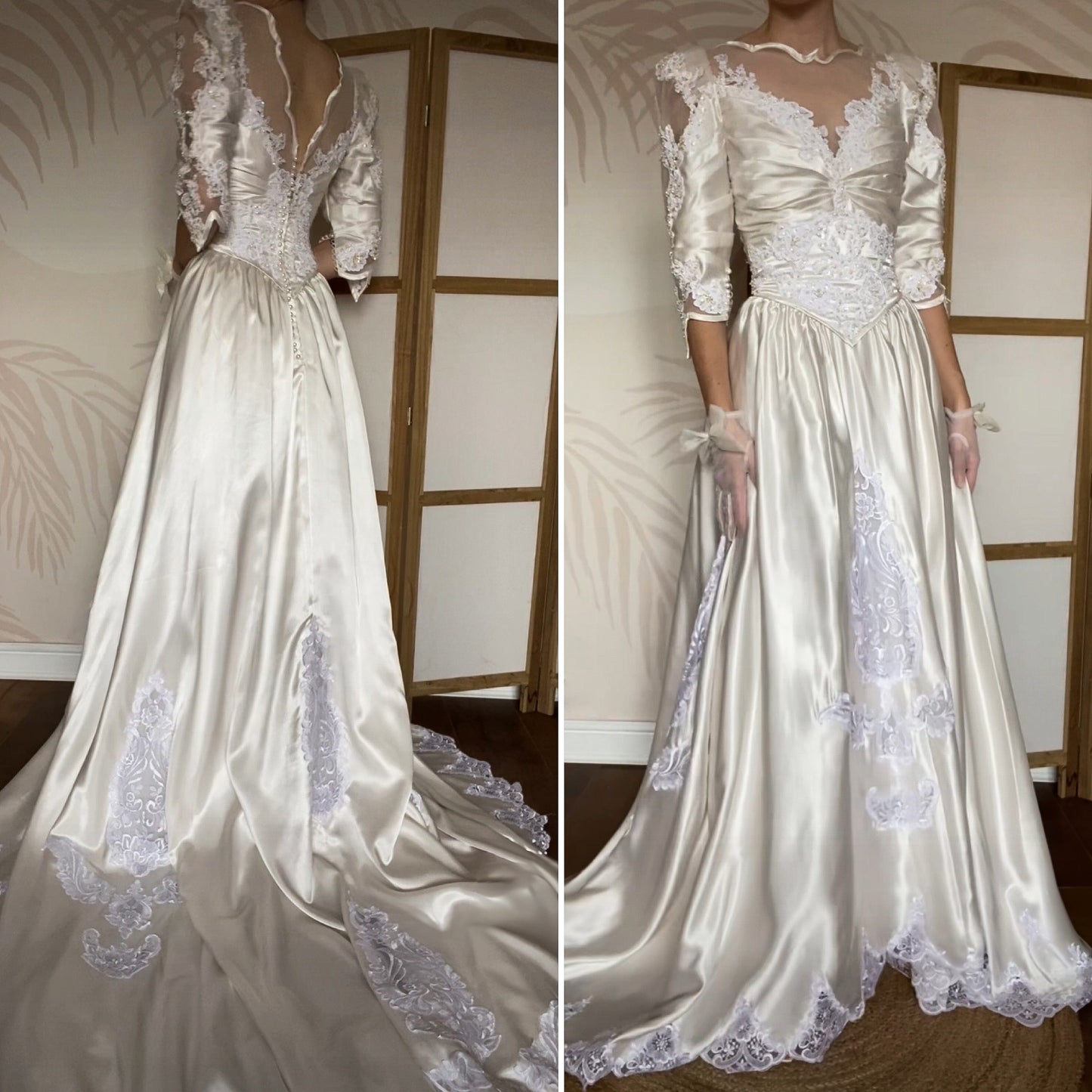 Ivory satin 80s lace & pearl wedding dress UK 12