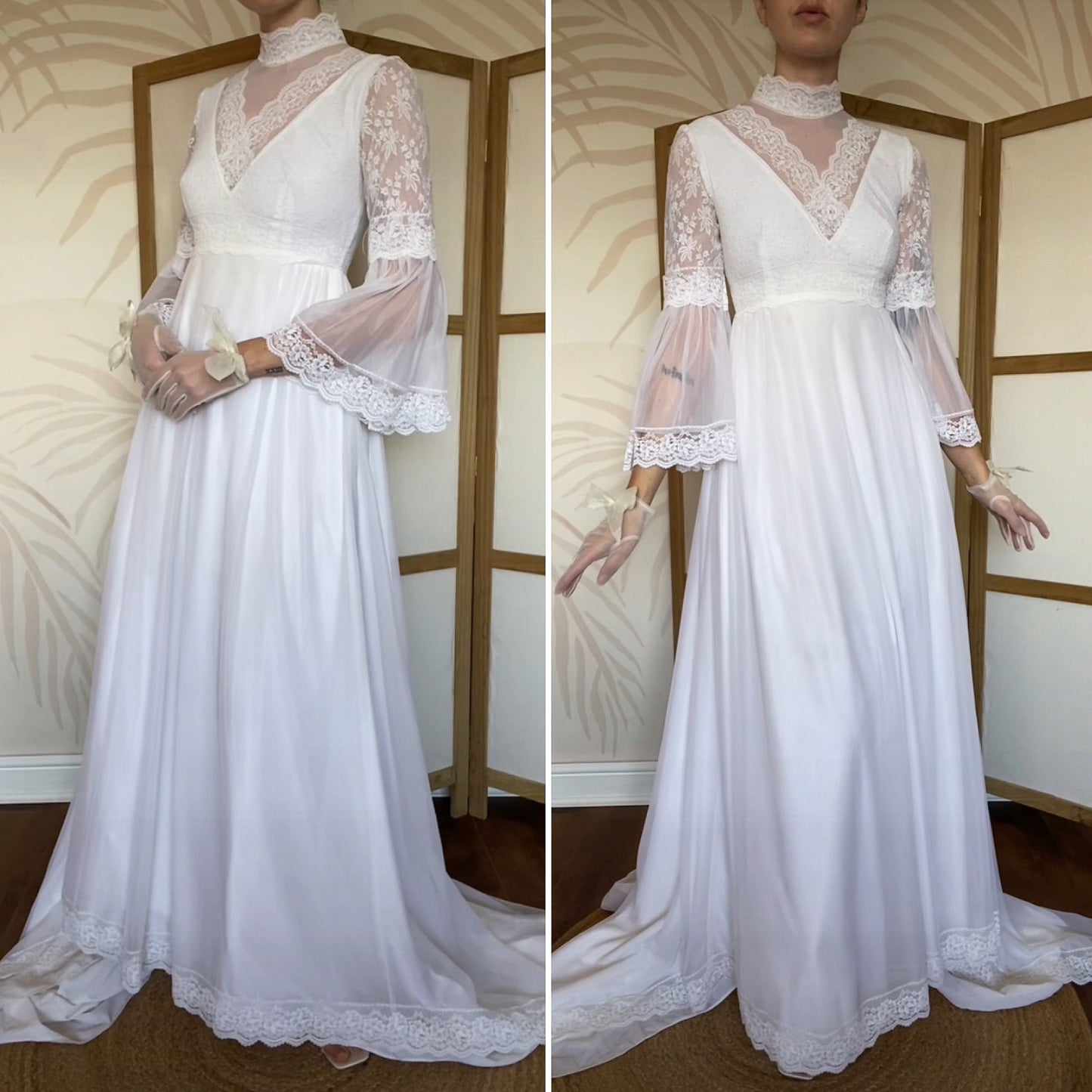 60s white lace flared sleeve wedding dress uk 8