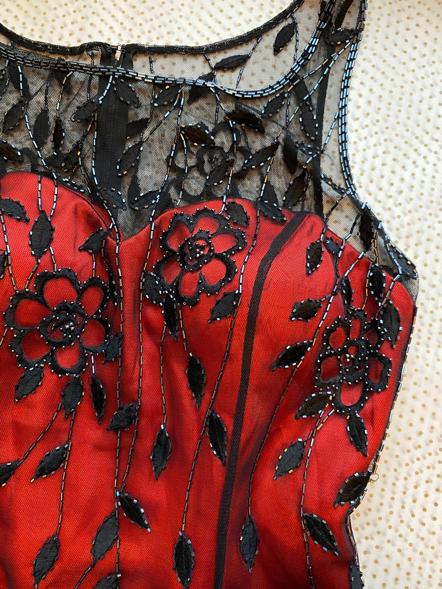 Red Jora evening dress with sheer black beaded overlay & shawl UK 14