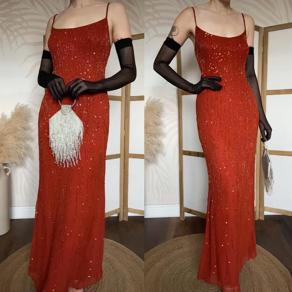 Burnt orange 100% silk beaded/sequin evening dress uk 12-14