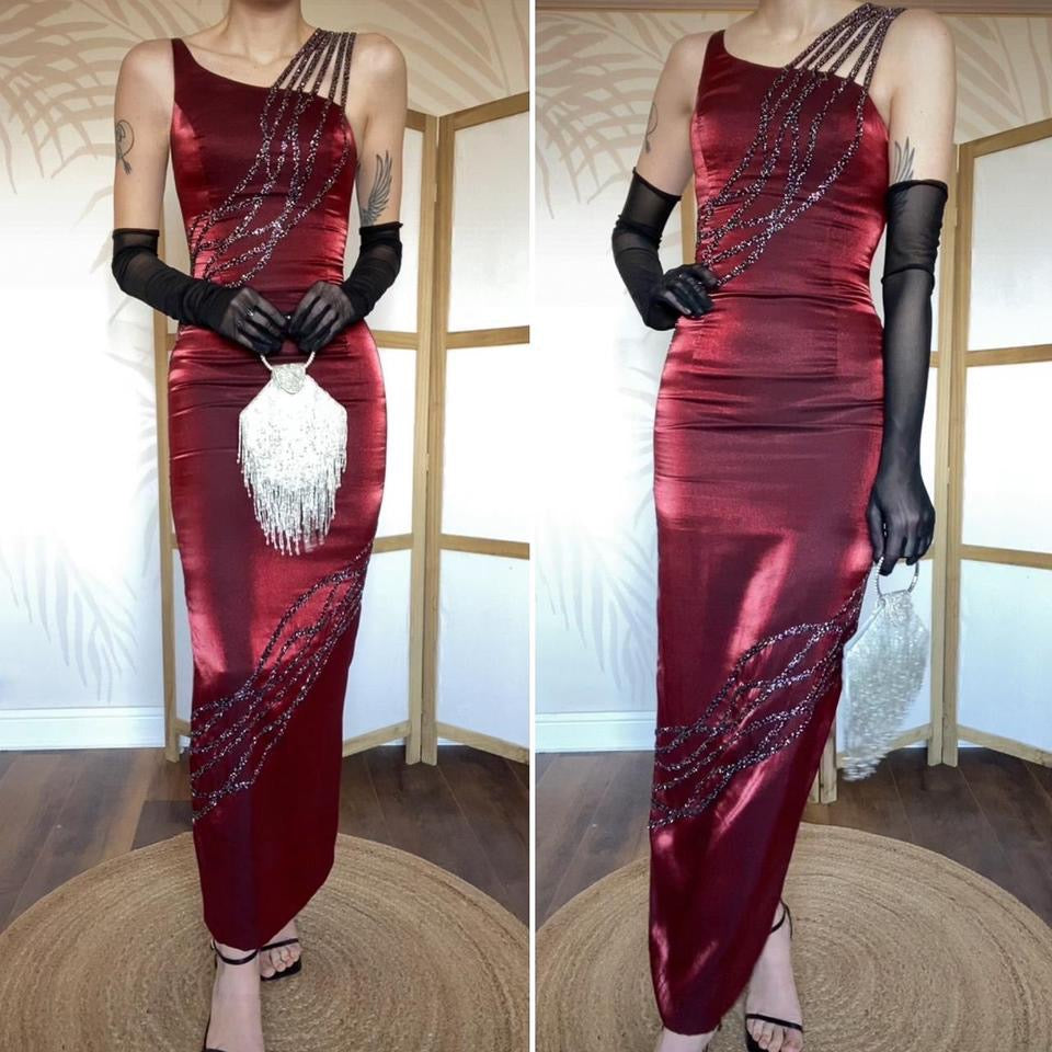 YVE London silky red beaded evening dress UK 6-8