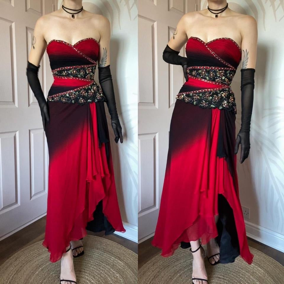 Red & black YVE London silk strapless gown UK 10