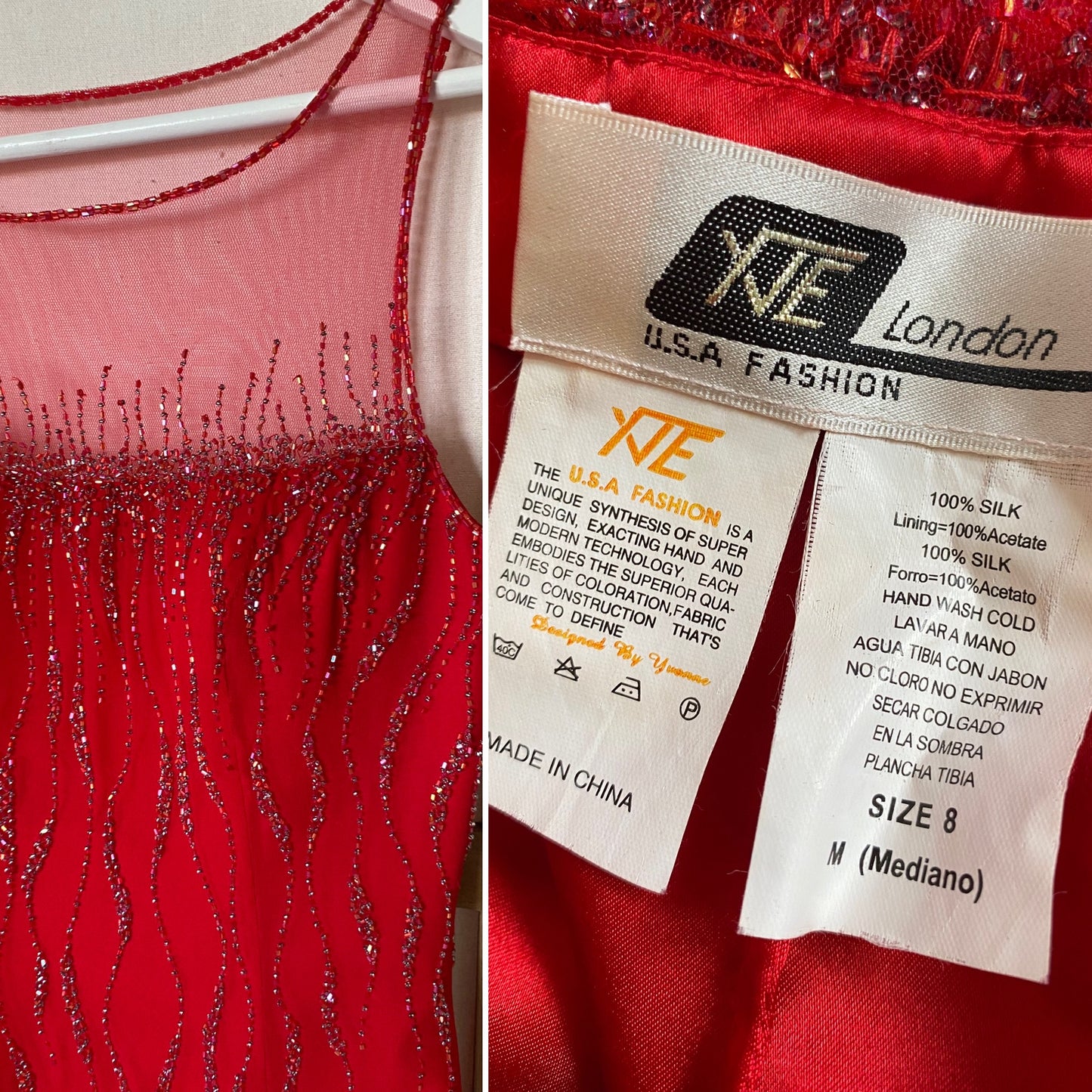 Red 100% silk red beaded evening dress uk 10