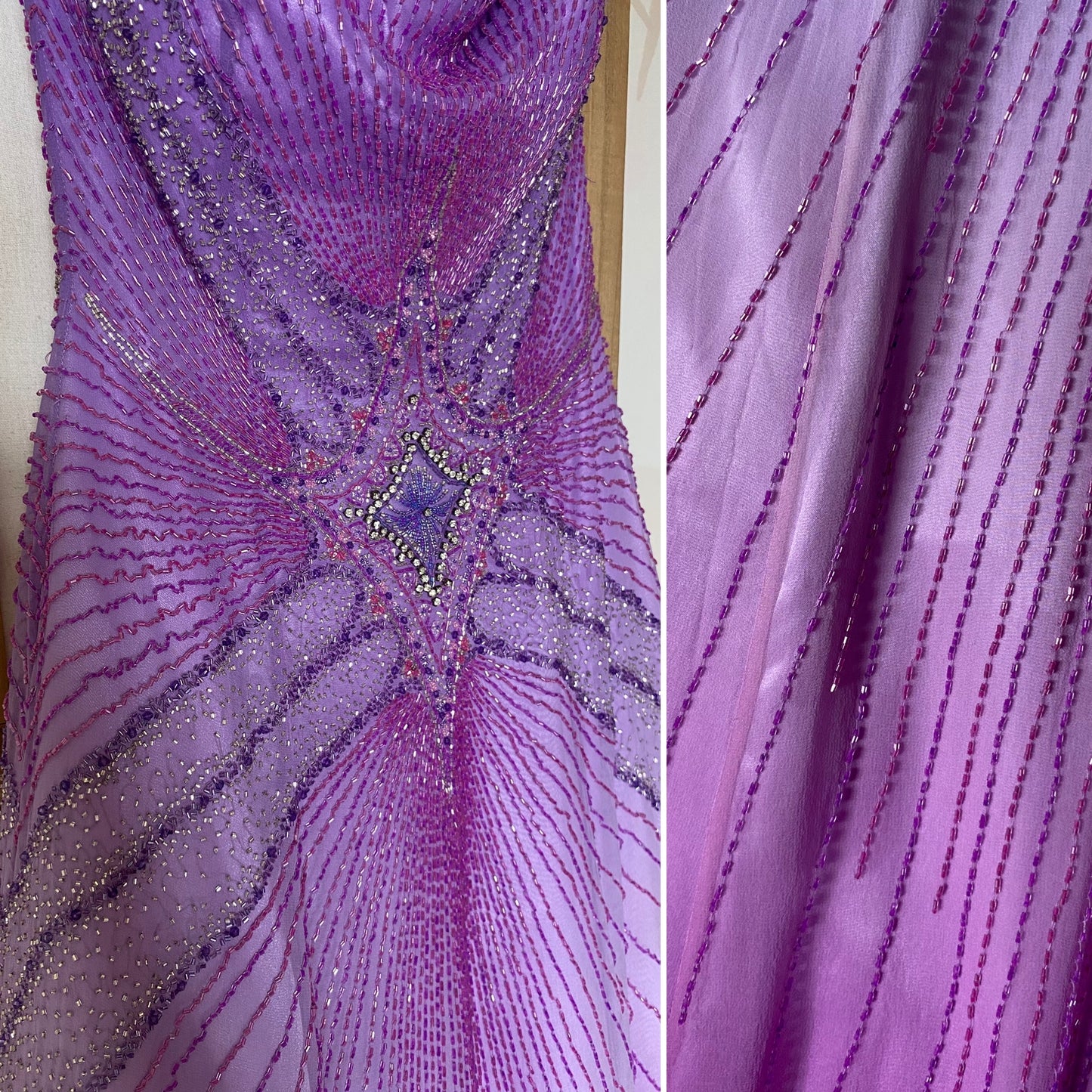 Purple silk beaded prom dress & shawl uk 12