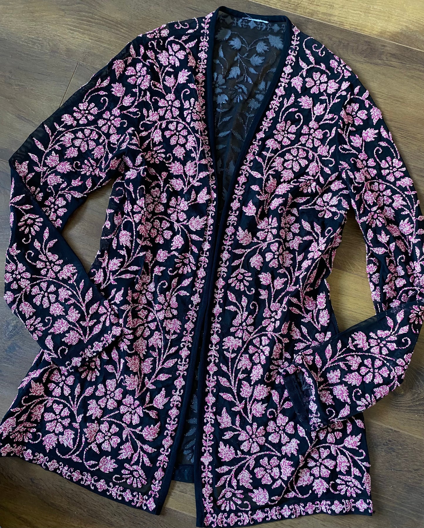 Tadashi black & pink beaded 2 piece dress and jacket uk 12