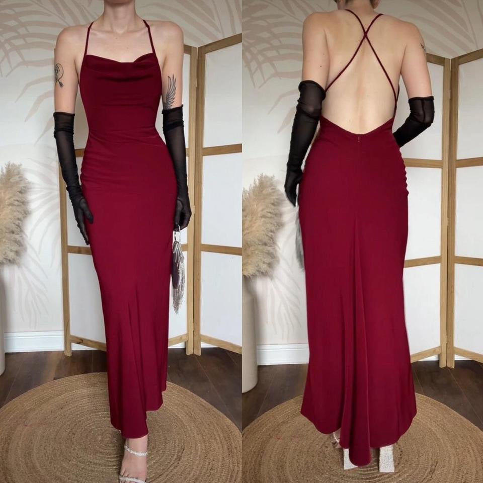 Dawn Stretton burgundy open back evening dress uk 8