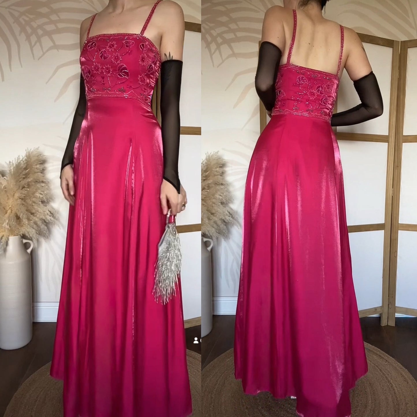 Fuchsia pink a-line beaded evening dress uk 12