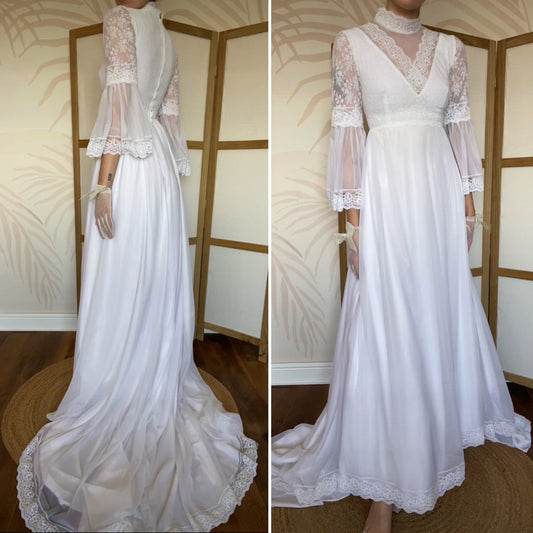 60s white lace flared sleeve wedding dress uk 8