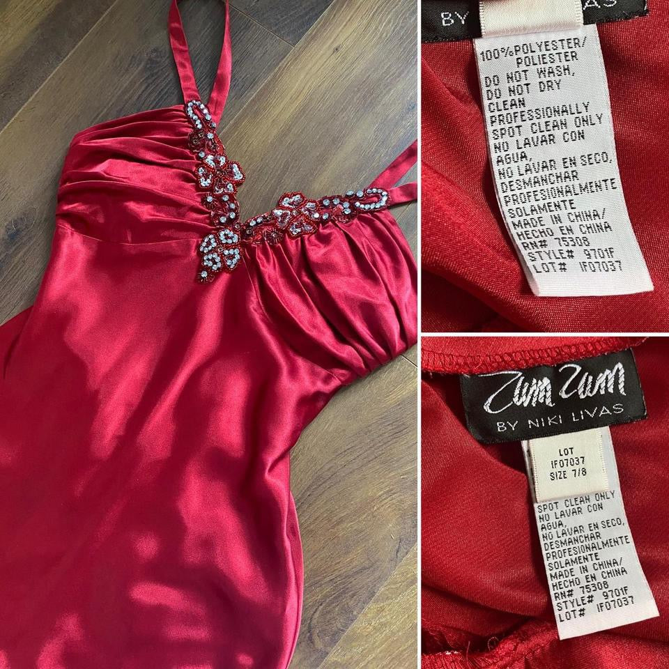 Niki Livas red satin prom dress uk 10