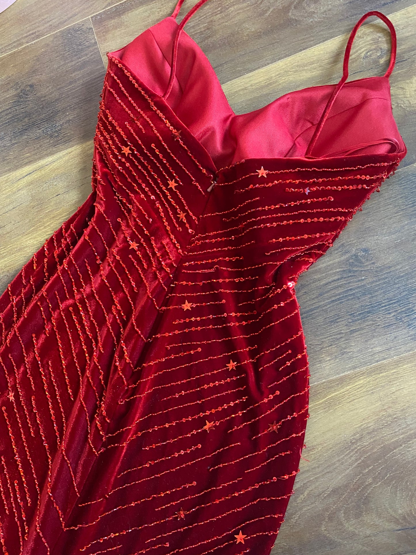 Red velvet stretch beaded party dress uk 10