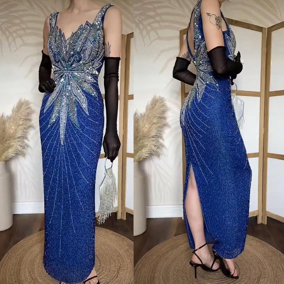 Blue 100% silk beaded evening dress uk 12
