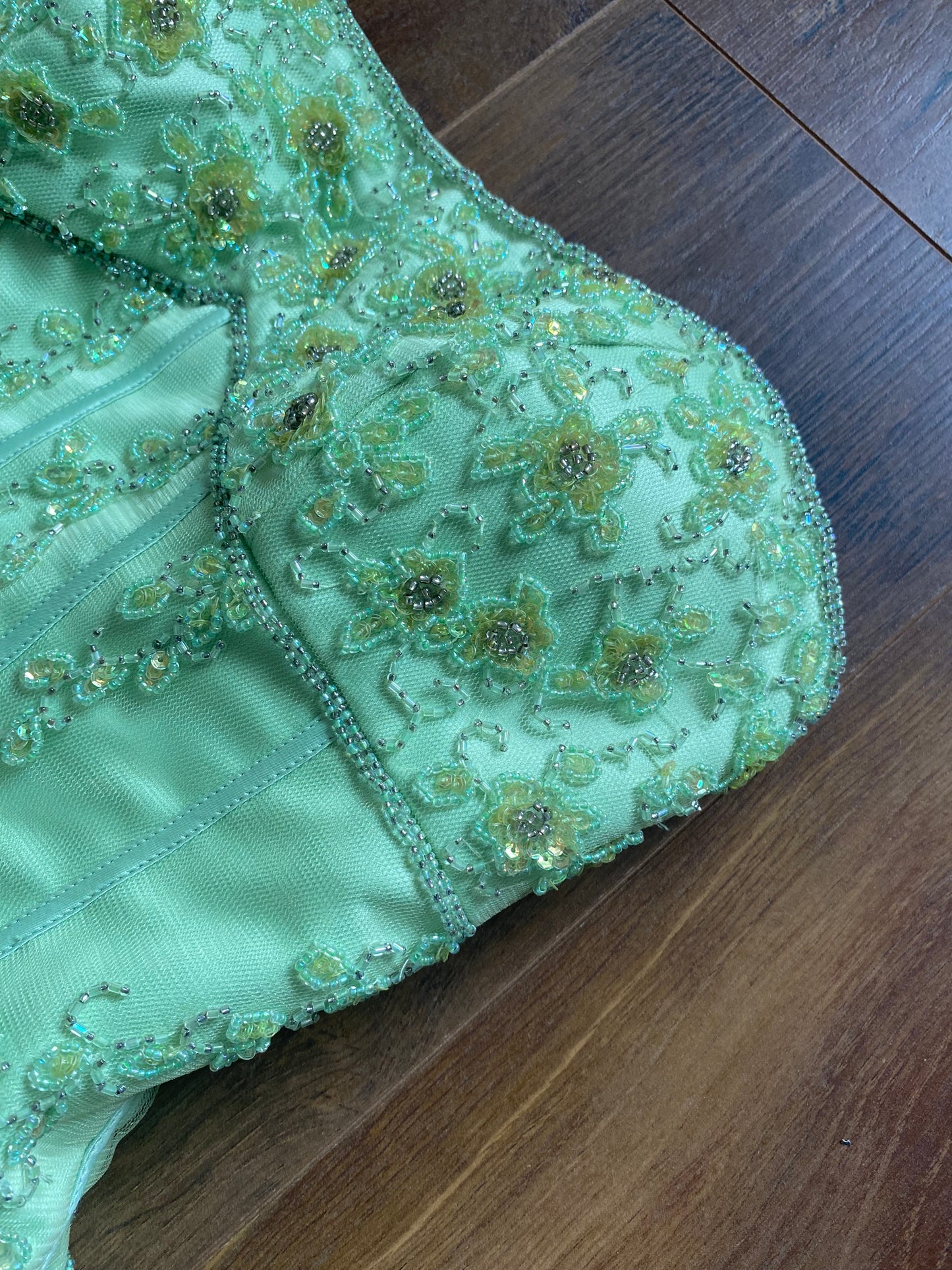 Bright green Tiffany Bling strapless a-line beaded prom dress UK 8