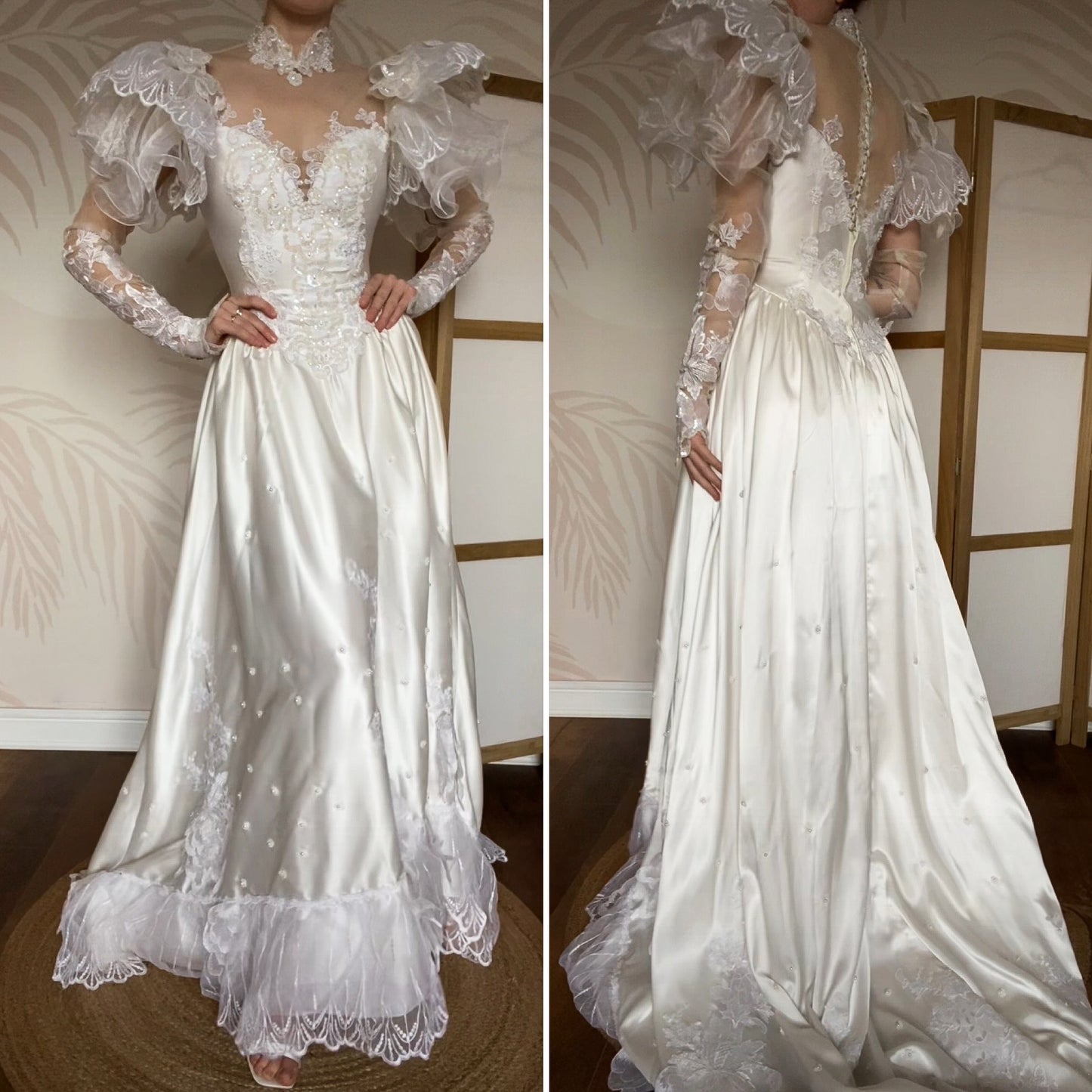 80s lace satin wedding dress with removable sleeves UK 10