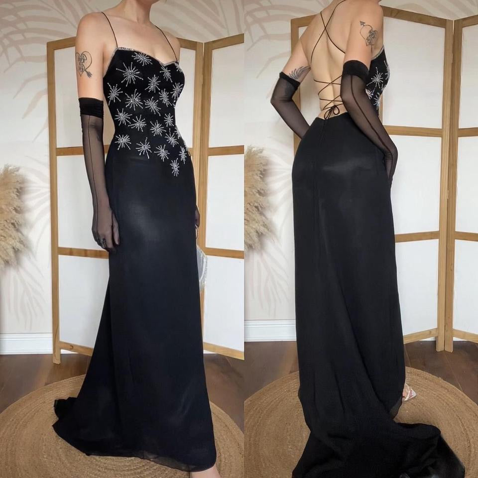 Black 100% silk beaded evening dress uk 10