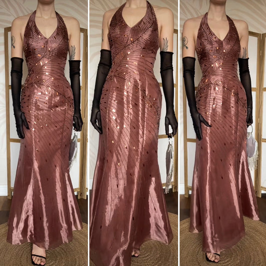 Yve London rose gold beaded halter evening dress UK 12
