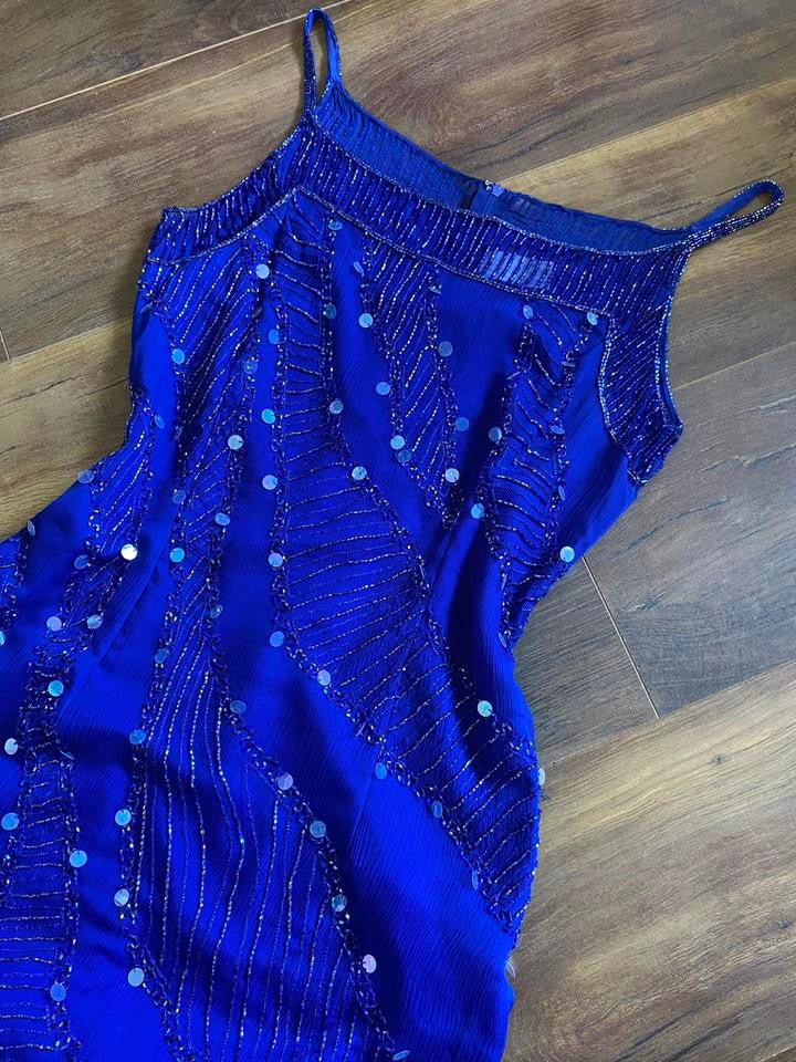 Electric blue 100% silk bead/sequin evening dress uk 8-10