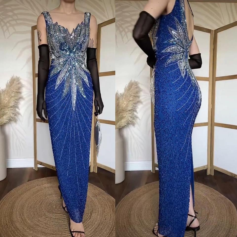 Blue 100% silk beaded evening dress uk 12