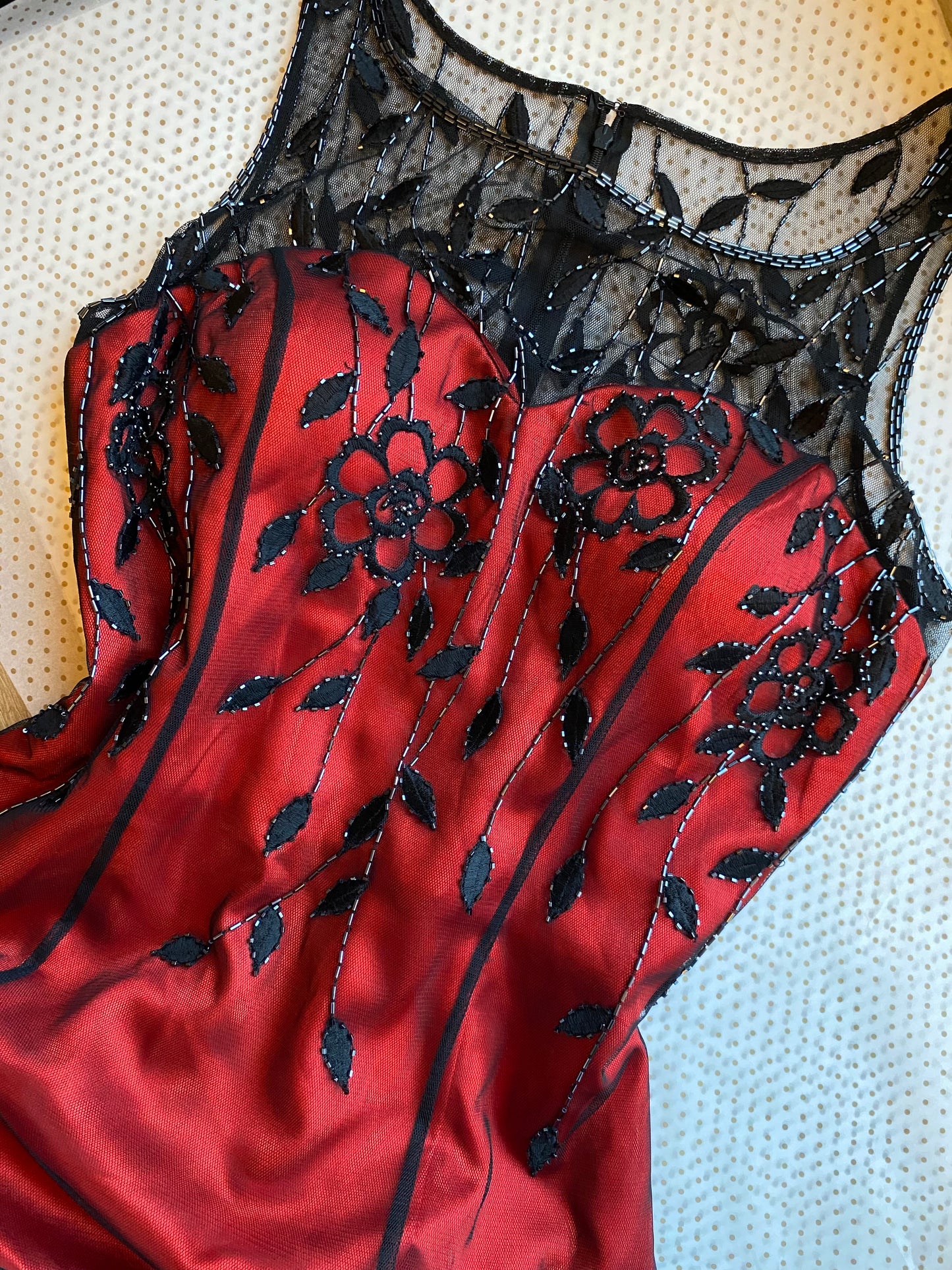 Red Jora evening dress with sheer black beaded overlay & shawl UK 14