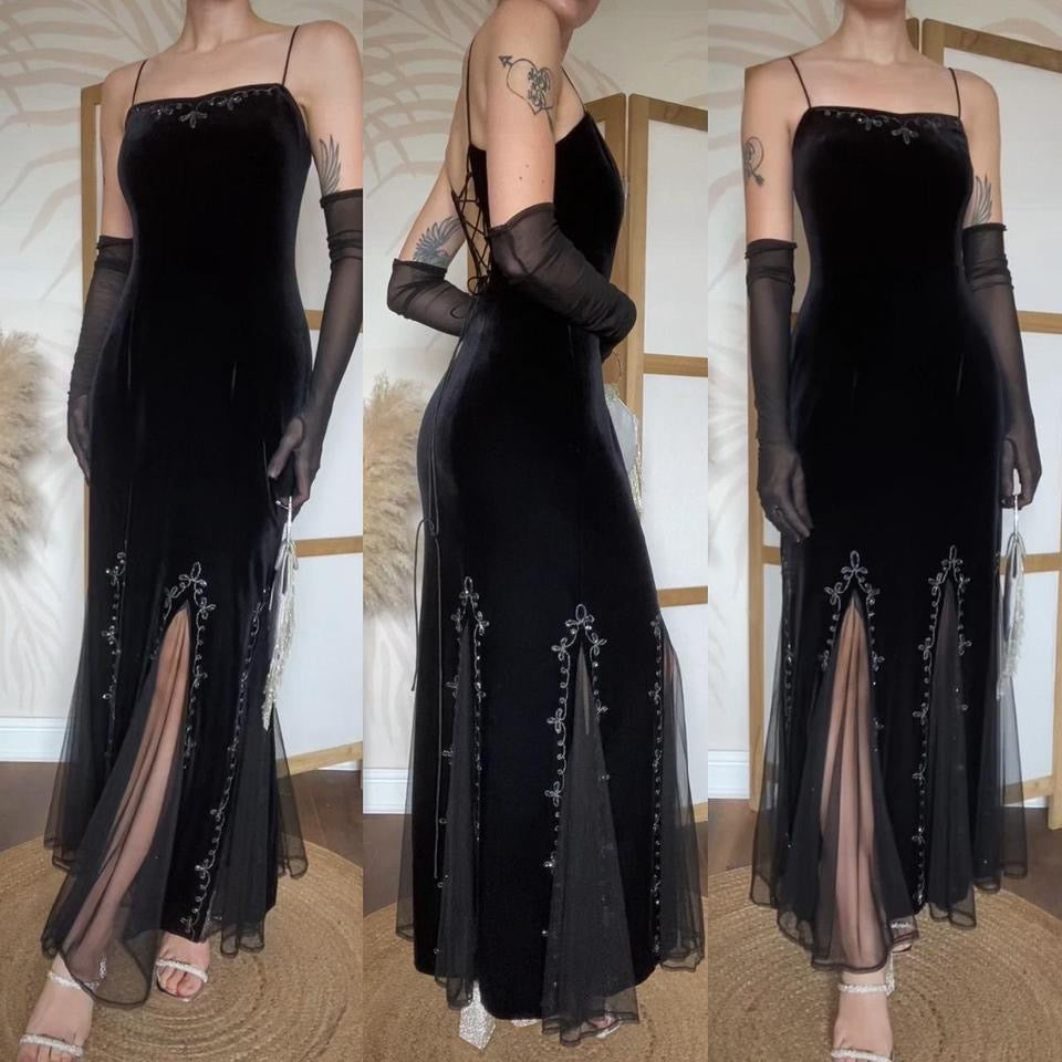 Black velvet stretch 90s flared hem evening dress uk 10/12