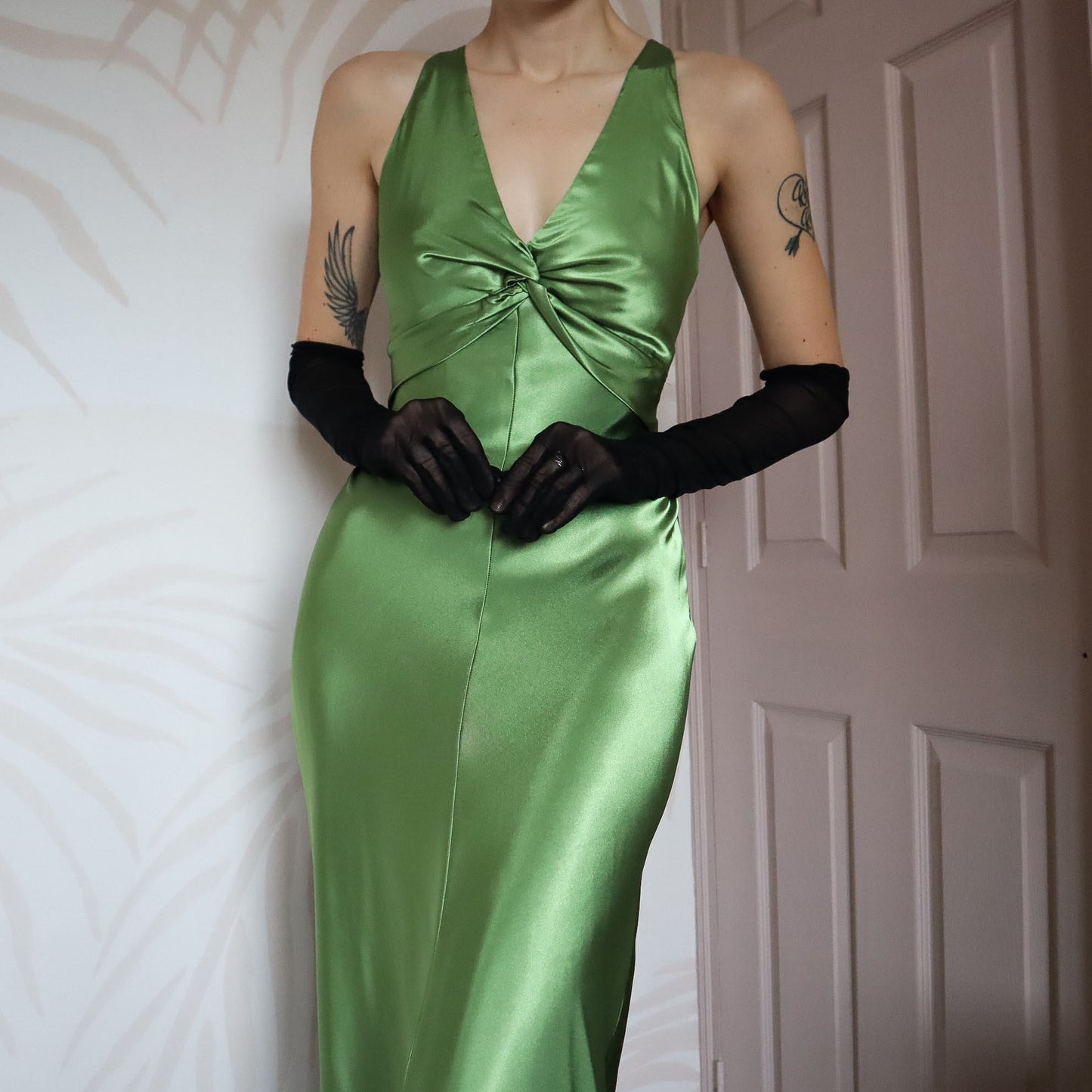 Silky green satin evening dress UK 10
