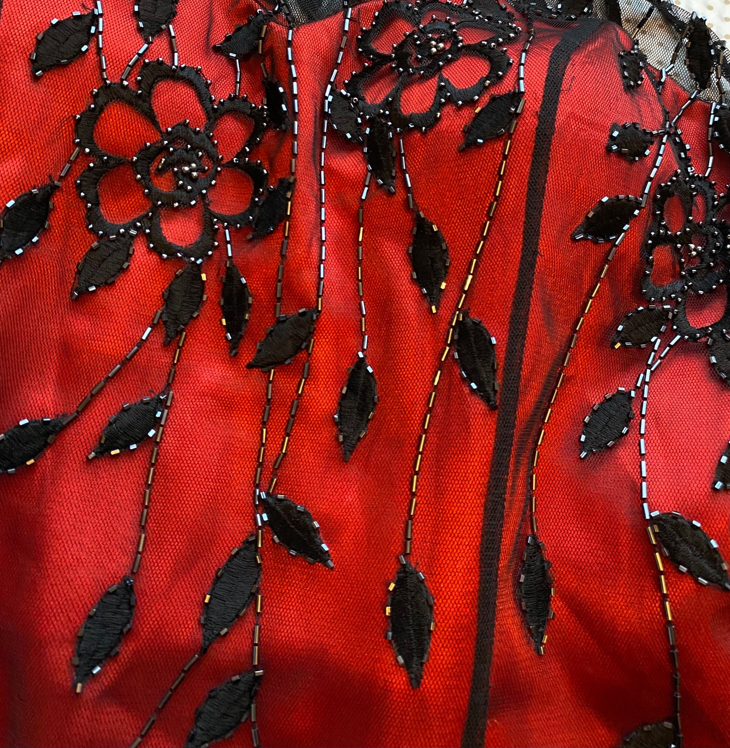 Red Jora evening dress with sheer black beaded overlay & shawl UK 14