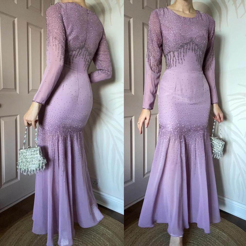 Lilac vintage beaded long sleeve fishtail evening dress UK 10