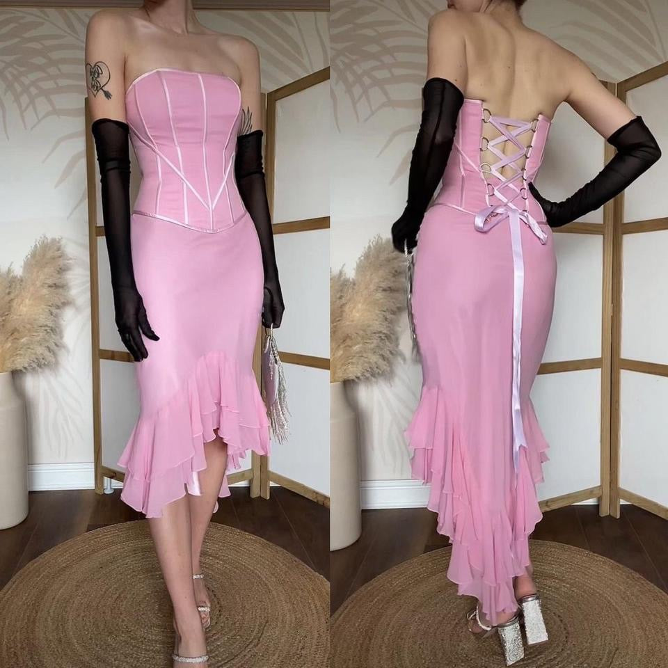 Baby pink silk strapless corset evening dress uk 8
