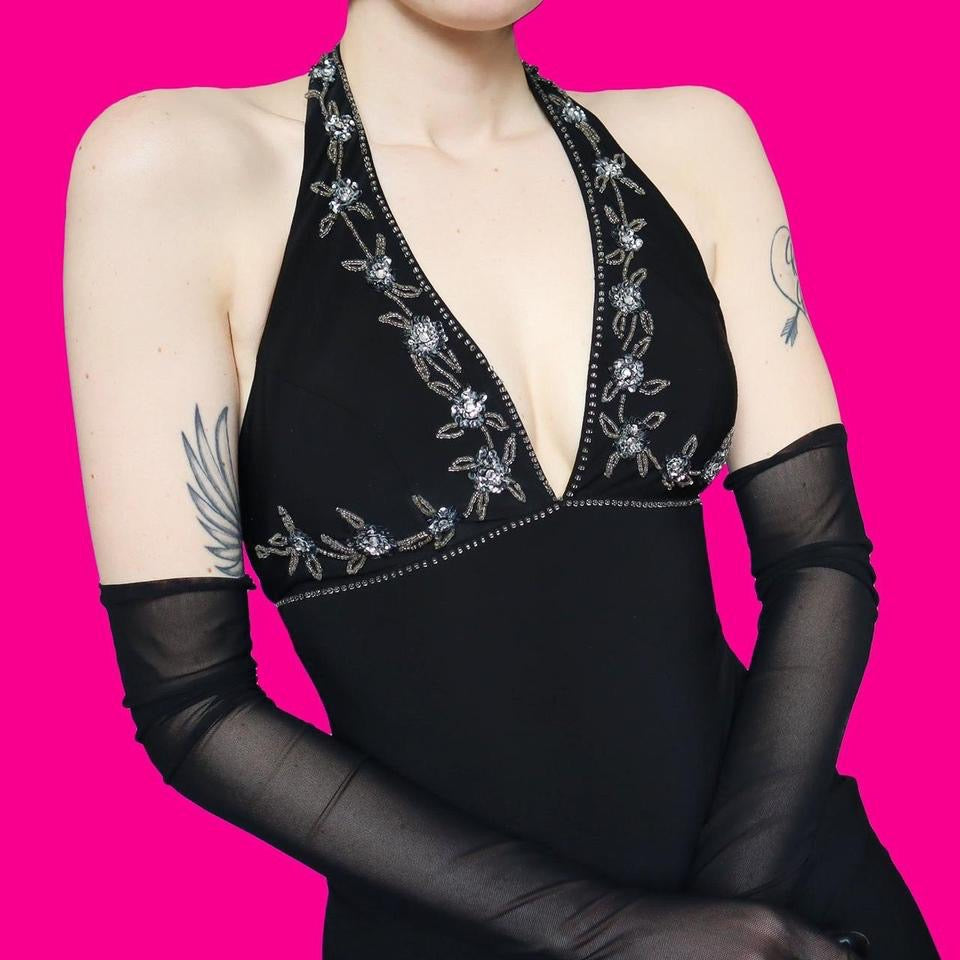 Black stretch beaded halter neck evening dress UK 12