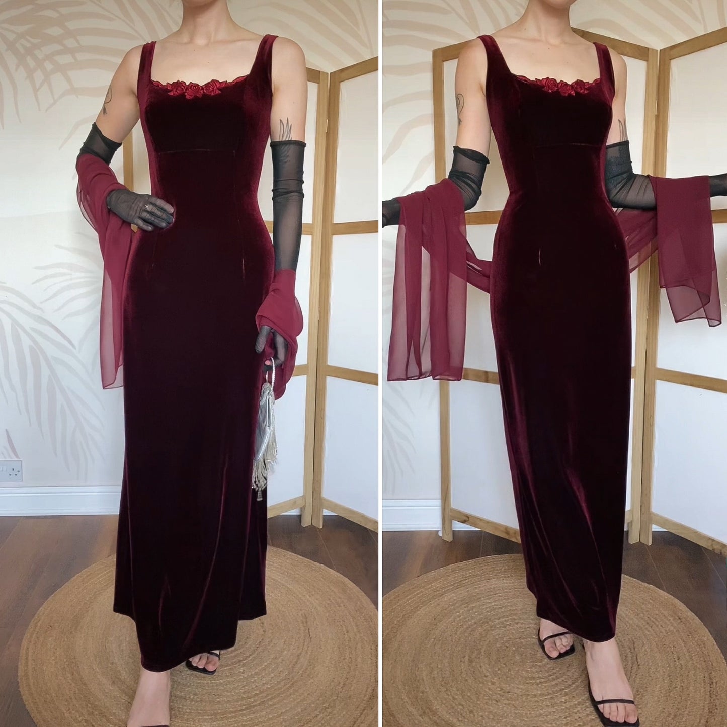 Red velvet stretch evening dress & shawl uk 10
