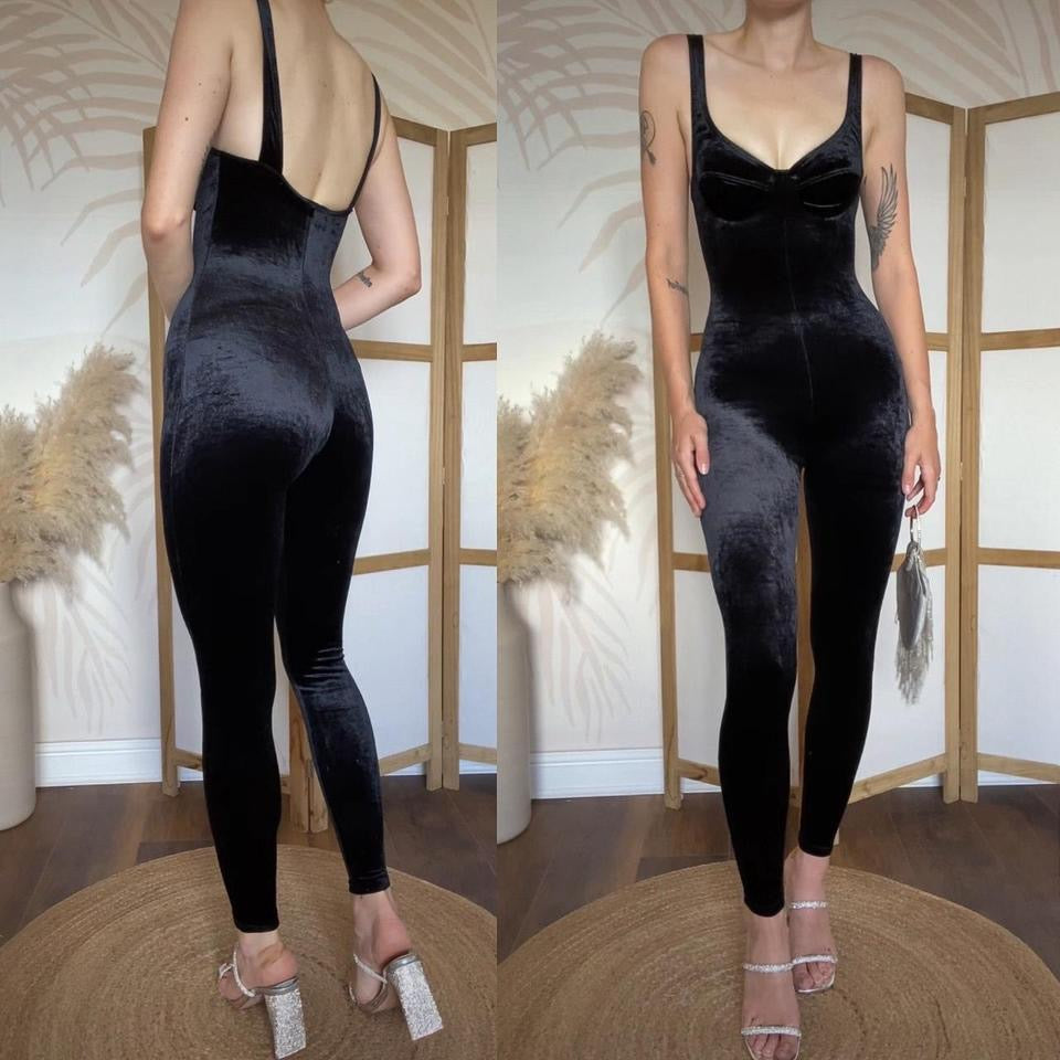 Black velvet stretch bodycon jumpsuit uk 6/8