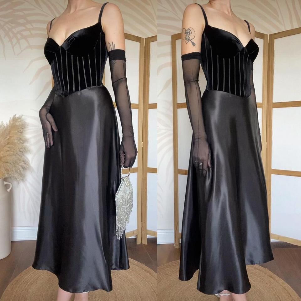 Simon Ellis black velvet/satin midi dress uk 10-12