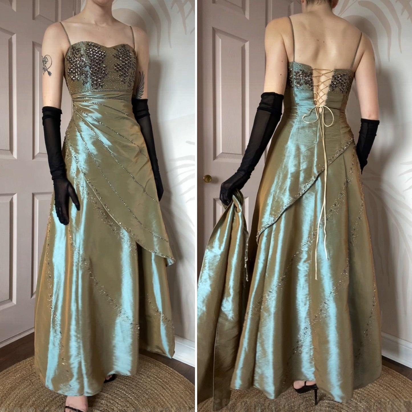 Tiffany Bling green beaded a-line prom dress & shawl UK 8