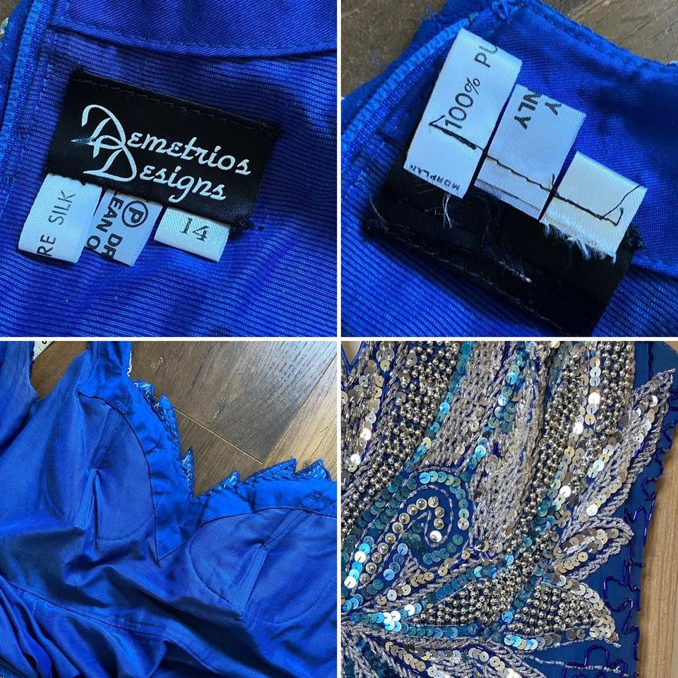 Blue 100% silk beaded evening dress uk 12