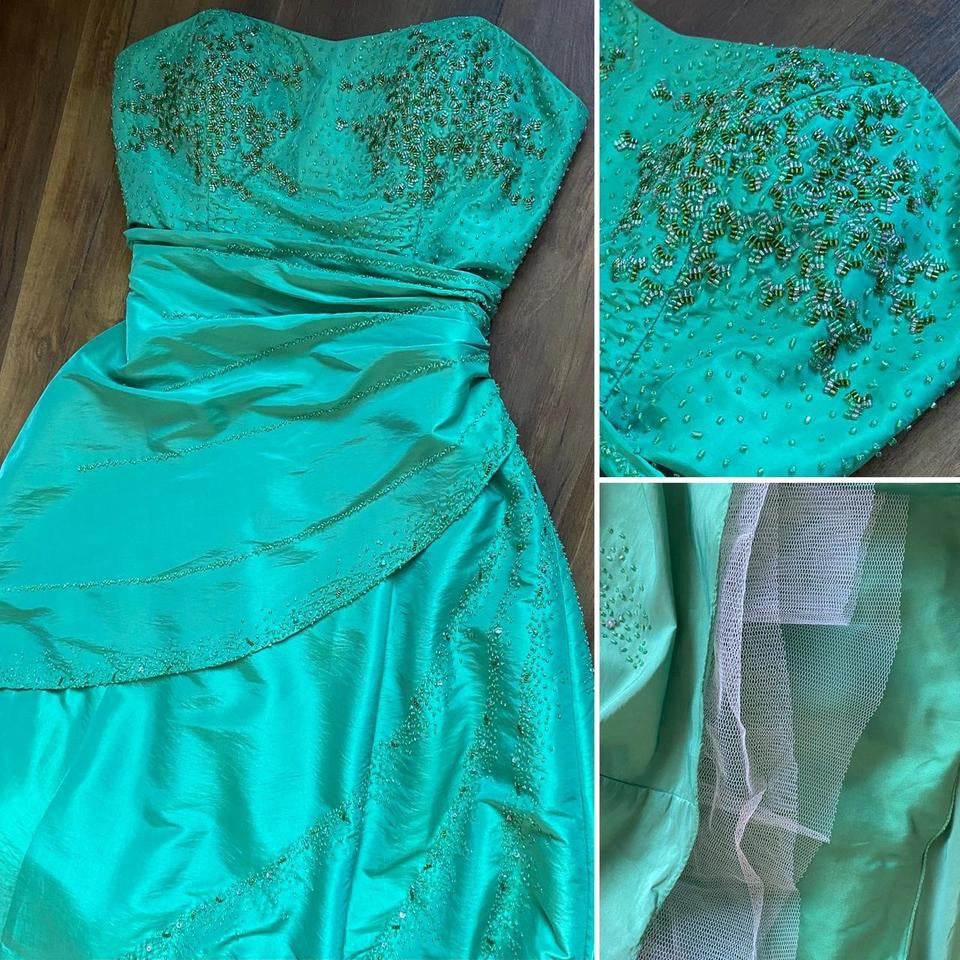 Minty green strapless beaded prom dress & shawl uk 14
