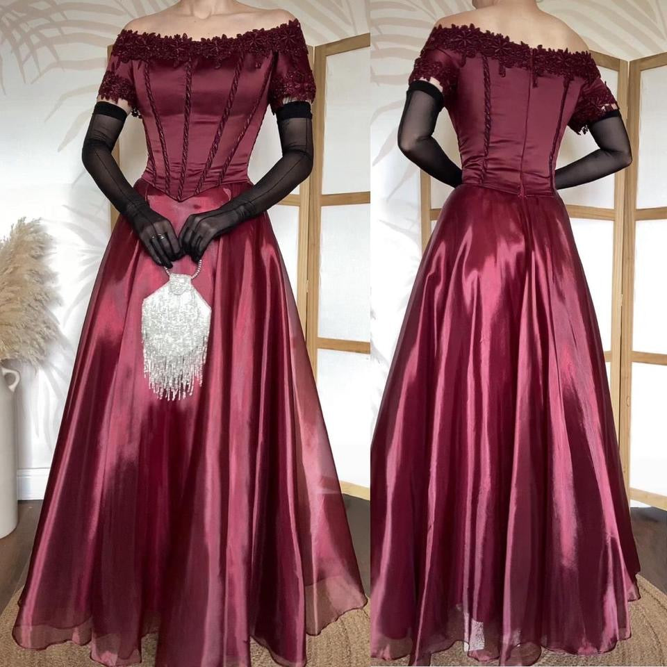 Burgundy off shoulder a-line prom dress uk 14