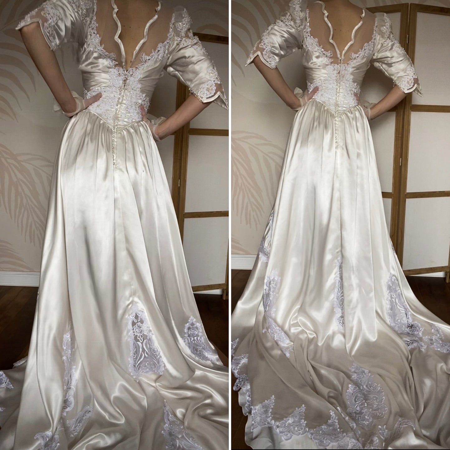 Ivory satin 80s lace & pearl wedding dress UK 12