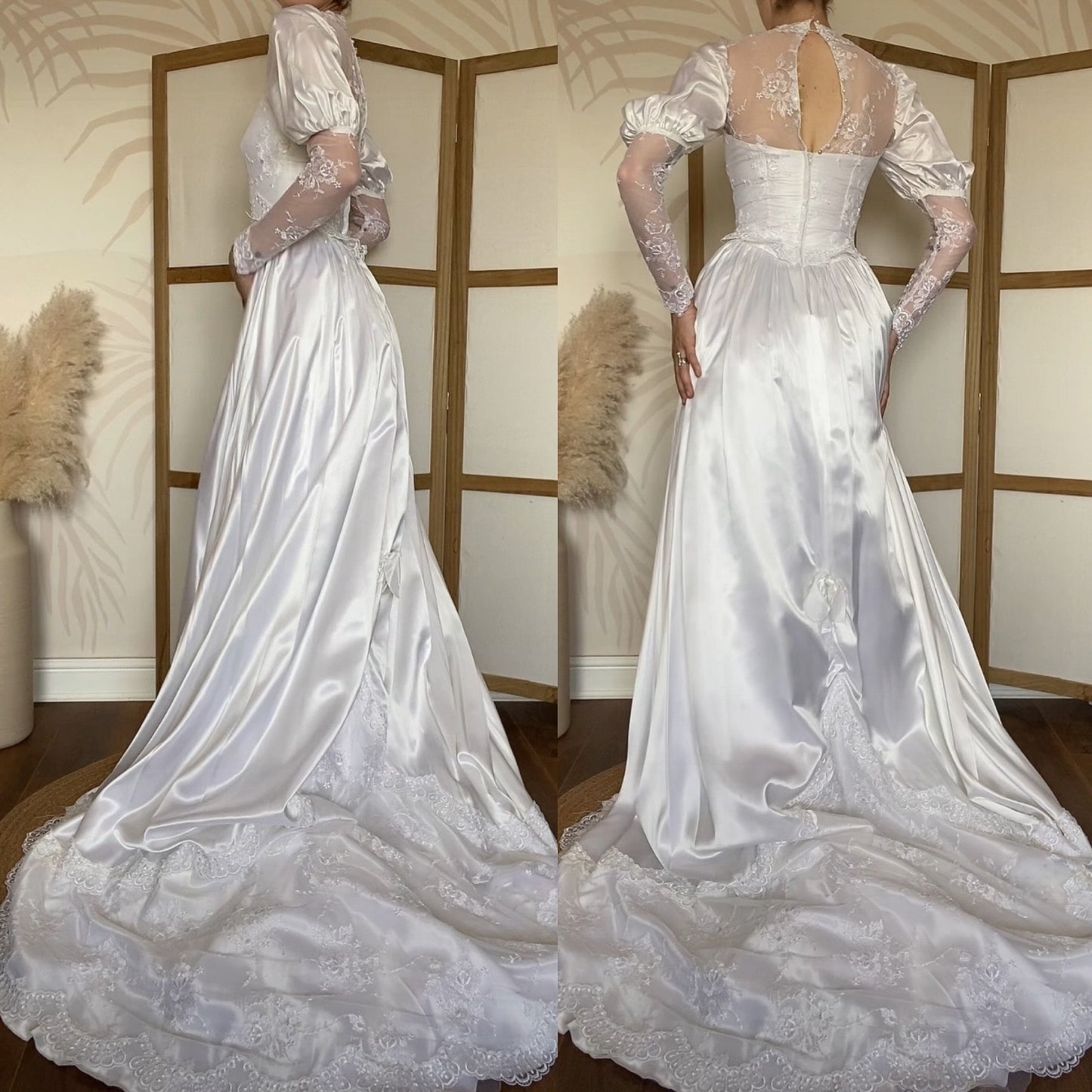 White satin & lace 80s wedding dress UK 6/XS
