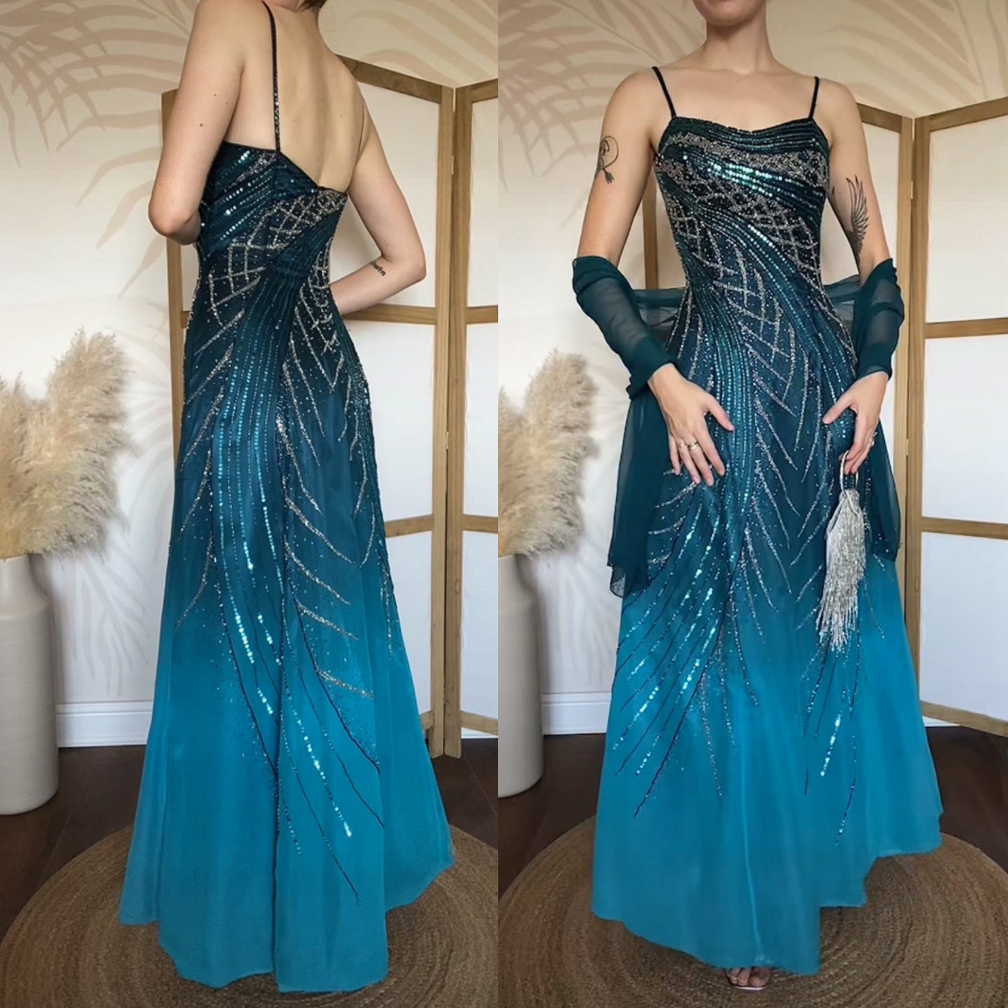 Teal Goya bead & sequin a-line prom dress uk 12