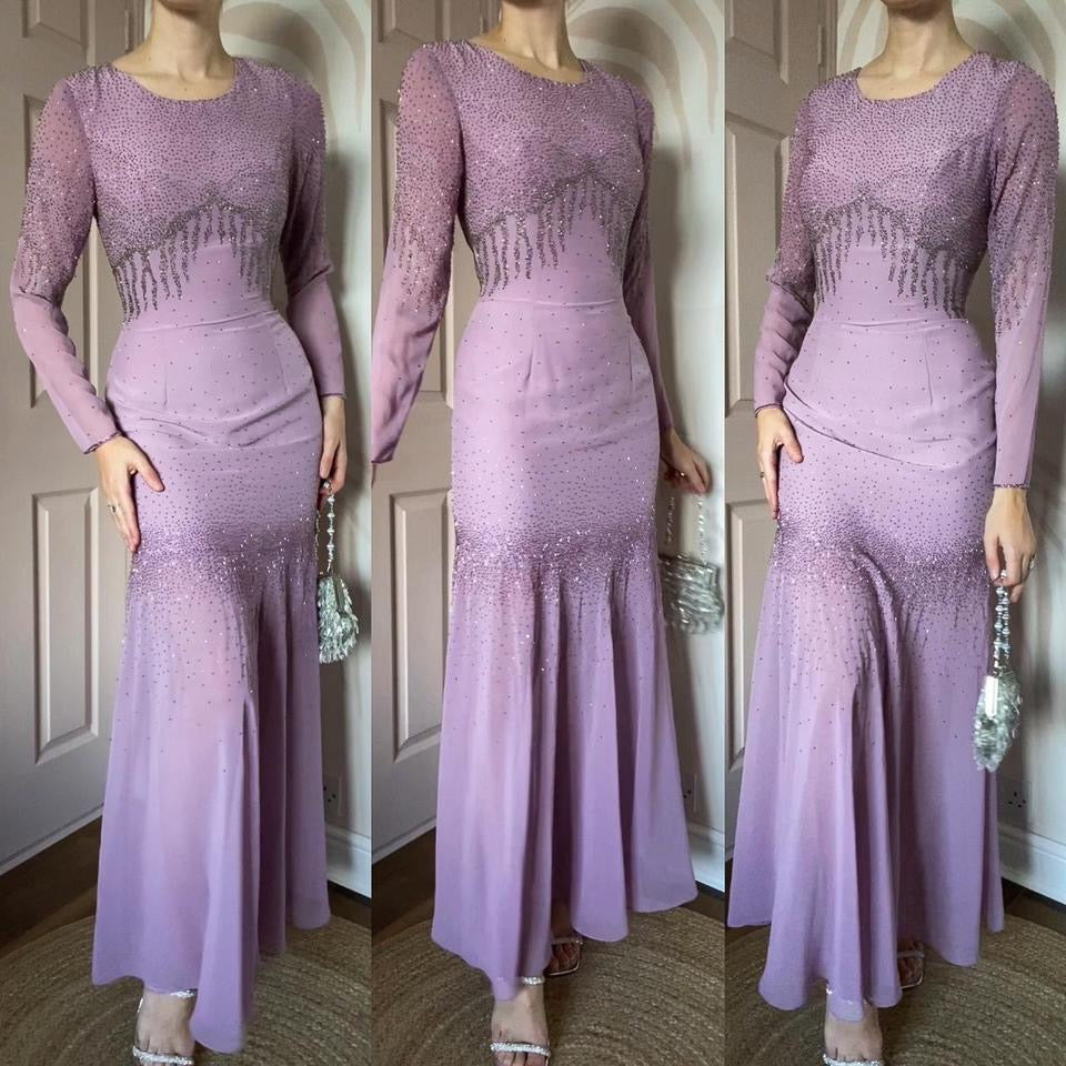 Lilac vintage beaded long sleeve fishtail evening dress UK 10