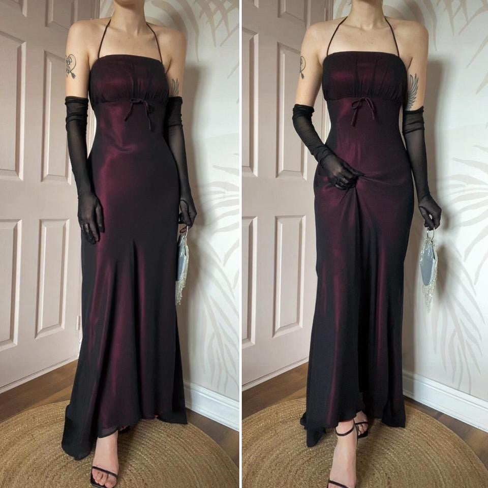 Pink & black halterneck evening dress UK 12