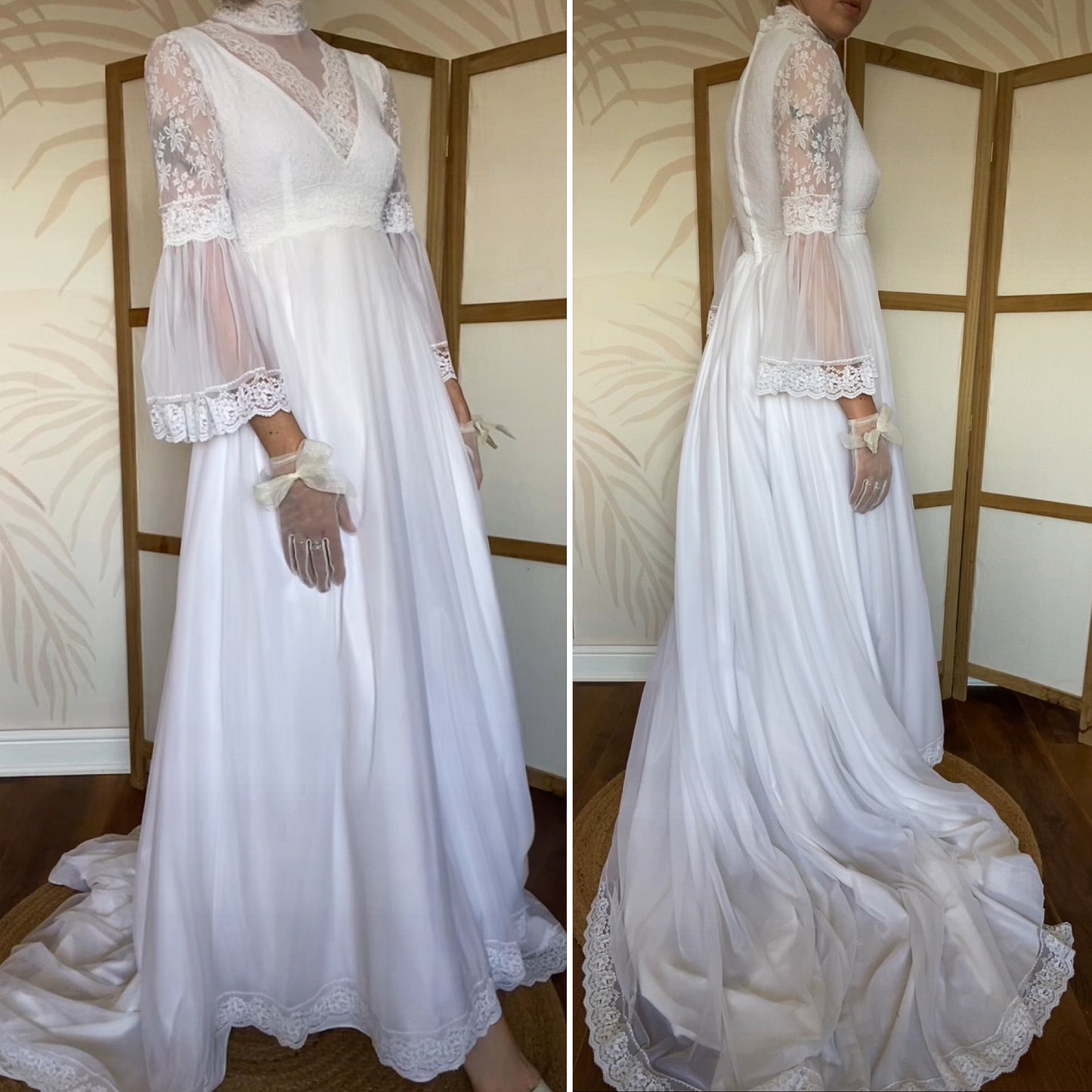 60s white lace flared sleeve wedding dress uk 8